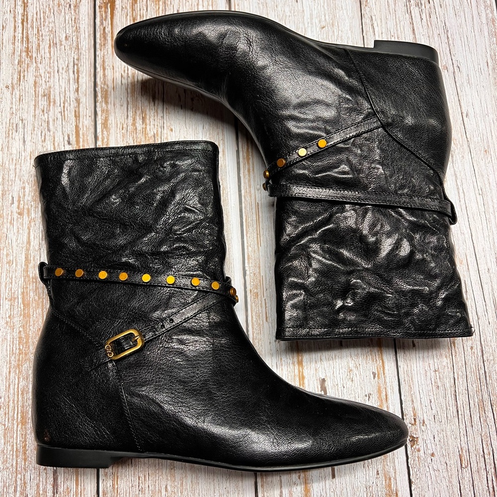 🌟 Elevator Black Leather Ankle Boots with Gold Accents